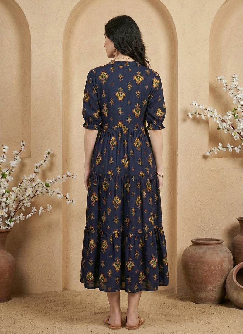 Globus Women Navy Blue Tiered Midi Fusion Dress with Mandarin Collar Puff Sleeves and Tie-Up Detail - Image 4